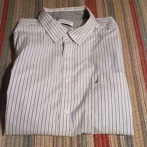 Nautica Men's White and Blue Pinstripe Shirt